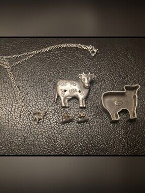 Torino Farm Cow-Pewter/Antique/Silver/Americana/Pin/Jewelry Earring & Necklace